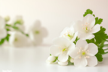 A stunning arrangement of white flowers rests gracefully on a soft light backdrop, exuding tranquility and purity. The delicate petals and lush greenery inspire peace and harmony