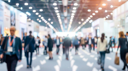 An expo hall bustling with activity and attendees, business conference, blurred background, with copy space --ar 16:9 --style raw Job ID: 3d2dd7ab-63c6-48b0-83de-4fb901f882a9
