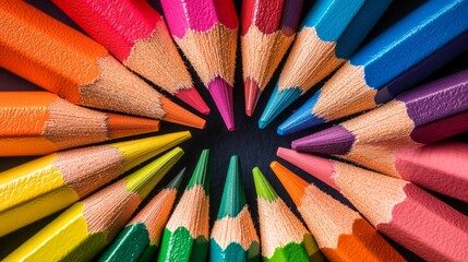 Naklejka premium Colorful pencils arranged in a circle, showing sharp tips in a creative pattern.