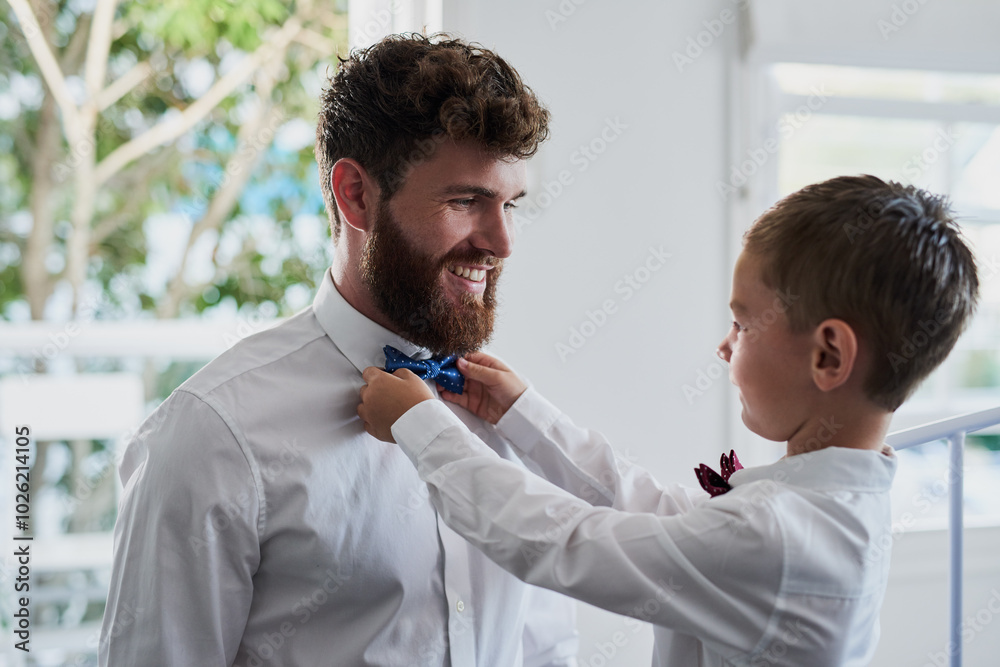 Sticker Bowtie, dressing and dad with child in bedroom with matching outfit, formal clothes and fashion. Family, morning routine and father with young boy with style for event, bonding or wedding in home