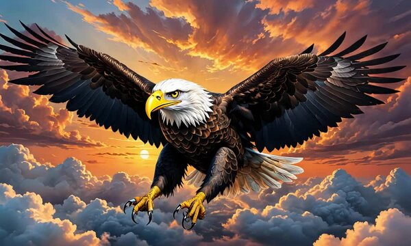Aerial time-lapse of Majestic bald eagle soaring through the clouds at sunset.