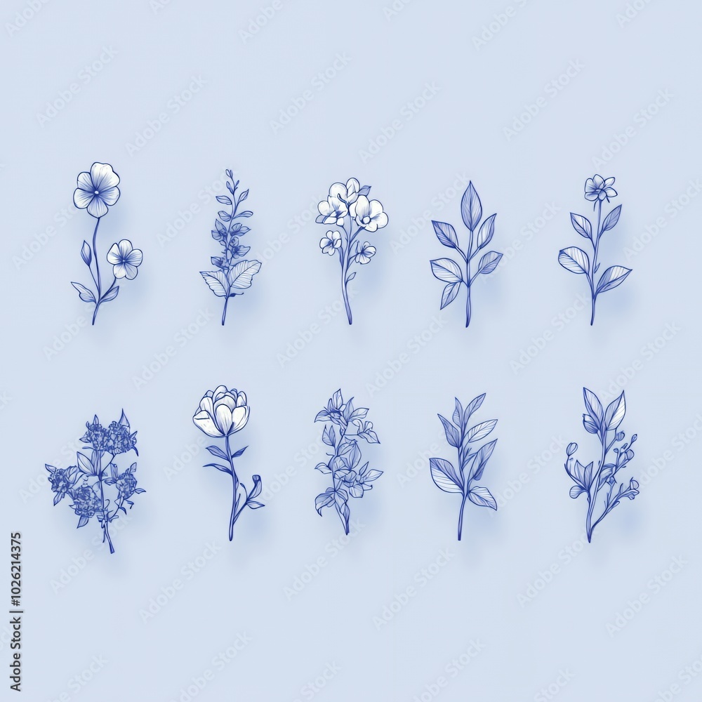 Canvas Prints Ten blue floral illustrations on a light blue background.