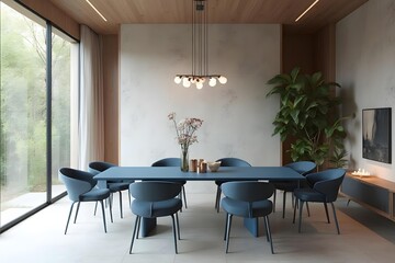 Fototapeta premium Japandi, minimalist interior design of modern living room. Dining room with blue dining table and stylish chairs