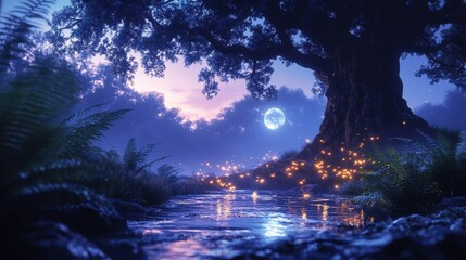 Fototapeta premium Serene Forest Night Sky with Old Tree and Meandering Stream