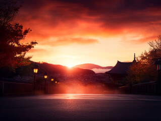 Obraz premium Stunning sunset over a serene bridge in a traditional Japanese landscape during autumn