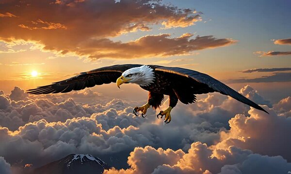 Aerial time-lapse of Majestic bald eagle soaring through the clouds at sunset.