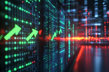Digital Data Wall with Upward Arrows and Red and Green Lights