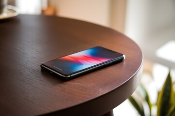 photo of a sleek black phone resting on a rich brown wooden table.