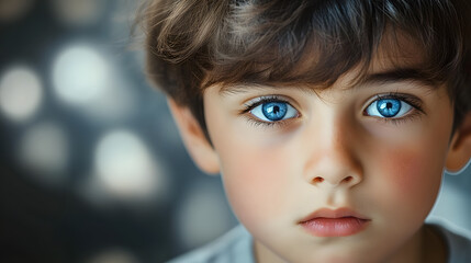 A young boy with brown hair and blue eyes is looking at the camera