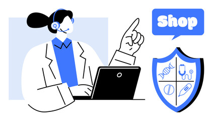 Customer support agent with headset gestures toward a shop sign near a shield featuring medical icons while using a laptop. Ideal for online healthcare, customer service, e-commerce, telemedicine