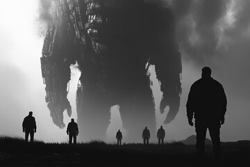 Silhouetted Figures Facing an Imposing Machine