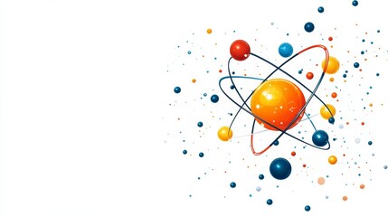 Abstract atom illustration with colorful particles on white isolated background.