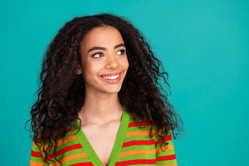 Photo portrait of pretty young girl look empty space wear trendy striped outfit isolated on...