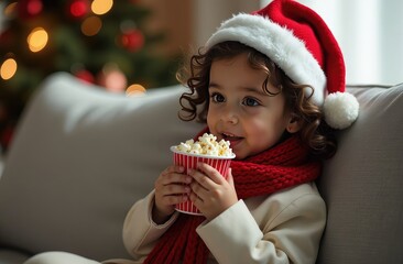 A happy child in a Santa Claus hat holds a bowl of popcorn in his hands