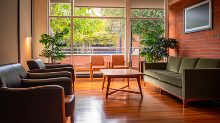 Modern lounge area featuring comfortable seating and natural light in a cozy setting