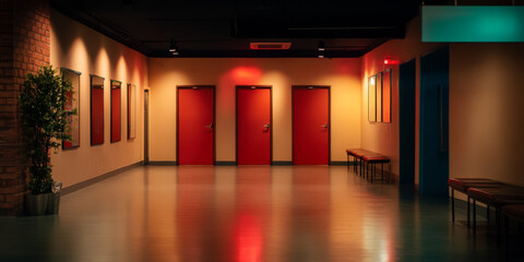 Brightly lit corridor featuring four red doors and benches, viewed in a modern building at night