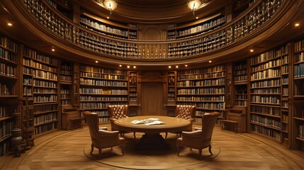 A quiet circular library, bookshelves filled with ancient tomes curve along the walls, central reading area with large oak table and leather chairs
