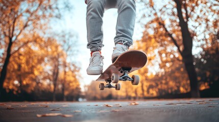 Man skateboarding in park, bright day, clean background, spacious composition