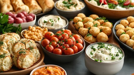 Cookbook background - products for preparing party recipes. a variety of snacks and dishes for a party, menu idea. food collage of food in plates, options.