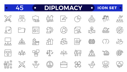 Diplomacy outline icon set with comprises spoken, written communication, leader, diplomats, international system and foreign policy.