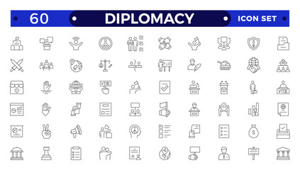 Diplomacy outline icon set with comprises spoken, written communication, leader, diplomats, international system and foreign policy.