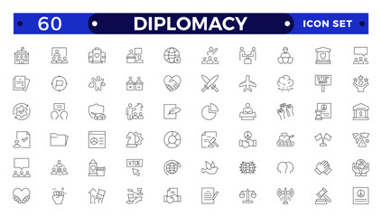 Diplomacy outline icon set with comprises spoken, written communication, leader, diplomats, international system and foreign policy.