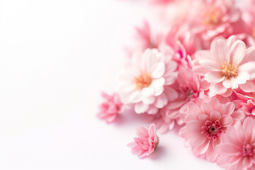 A beautiful arrangement of soft pink flowers lies scattered across a bright white surface, showcasing the intricate details and gentle hues of each blossom, celebrating natures artistry