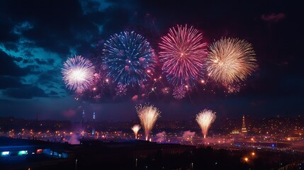 Obraz premium Colorful fireworks lighting up the night sky during a celebration.