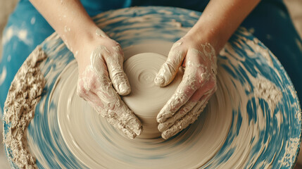 Hands shaping clay on a pottery wheel, creating a unique ceramic piece.