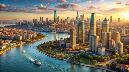 Fototapeta premium stunning view of Istanbuls skyline featuring modern skyscrapers along river, illuminated by beautiful sunset. vibrant cityscape reflects blend of nature and urban life