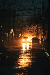 Obraz premium Night street with glowing car headlights