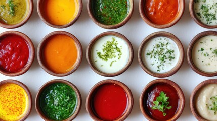 Colorful sauces presented in rustic bowls, laid out on a pristine white surface, captured from a top-down view, emphasizing vibrant colors and texture