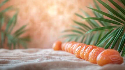 Row of Shiny Orange Fruit with Palm Leaf and Fabric Background