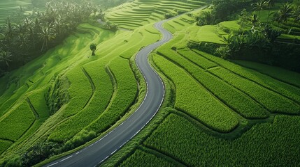 Drone shot of a winding road cutting through lush green fields.