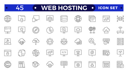 Web Hosting outline web icons set. Web hosting, server, CDN, VPN, domain, FTP, internet, backup, SSL, database and firewall.