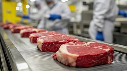 Conveyor belt carrying freshly cut steaks through a meat processing line, workers in the background wearing protective gear, ensuring safety and quality.