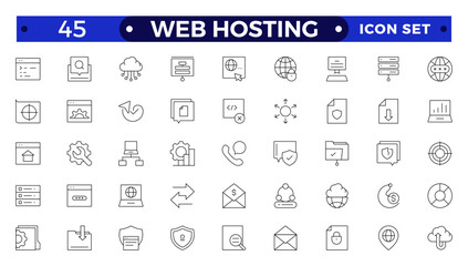 Web Hosting outline web icons set. Web hosting, server, CDN, VPN, domain, FTP, internet, backup, SSL, database and firewall.