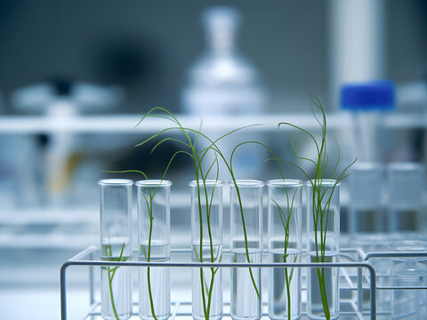 Plantas gen&eacute;ticamente modificadas creciendo en tubos de ensayo dentro de un laboratorio