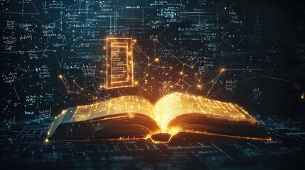 A glowing book with mathematical equations and symbols floating around it, on a dark background, symbolizing the power of knowledge. Realistic photography style.