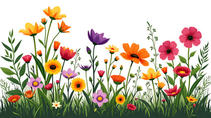 Fototapeta premium Flower garden, meadow, and grass on a white background, png transparent