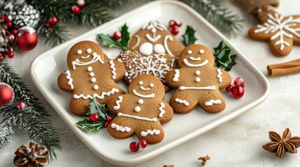 Festively decorated gingerbread cookies on a white plate, with seasonal garnishes like holly and spices, perfect for the holiday season