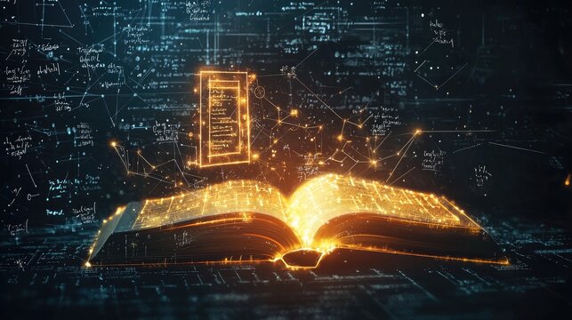 A glowing book with mathematical equations and symbols floating around it, on a dark background, symbolizing the power of knowledge. Realistic photography style.