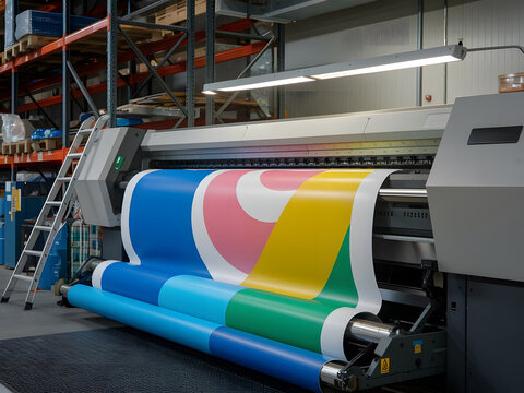 Una impresora grande que imprime papel enorme con un dise&ntilde;o multicolor
