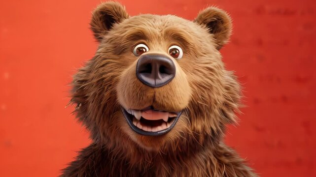 Close-up of a Smiling Furry Bear Puppet Against Bright Background.