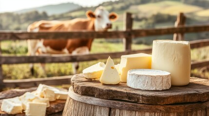 Fresh dairy products like milk, butter, and cheese arranged on a rustic wooden table, with a grazing cow and wooden fence in the background.