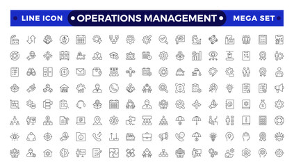Operations management web icons in line style. Logistics, business process, maintenance, supply chain, improvement, planning,Audit, processing, operation  collection.