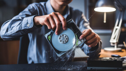 Obraz premium Person breaking a compact disc in a modern workspace, emphasizing digital media disruption.