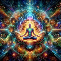 figure of a meditating man on a futuristic abstract background