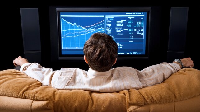 From behind, a person sits in a home theater with a massive screen and plush seating, watching financial news.