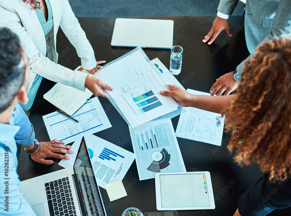 Aufkleber office, business people and manager with paperwork for meeting, discussion and finance graphs by abo